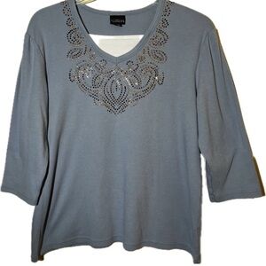 🍄Women’s Morning Sun Blue Sequin Embellished 3/4 Sleeve Top Blouse Shirt XL